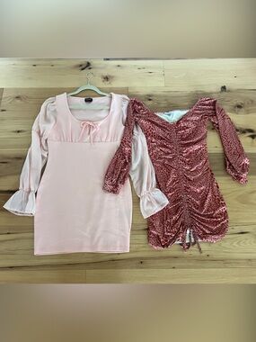 BEBE BUNDLE Pink Long-Sleeve Sheer Panel Mini Dress & Silky leopard ruched dress